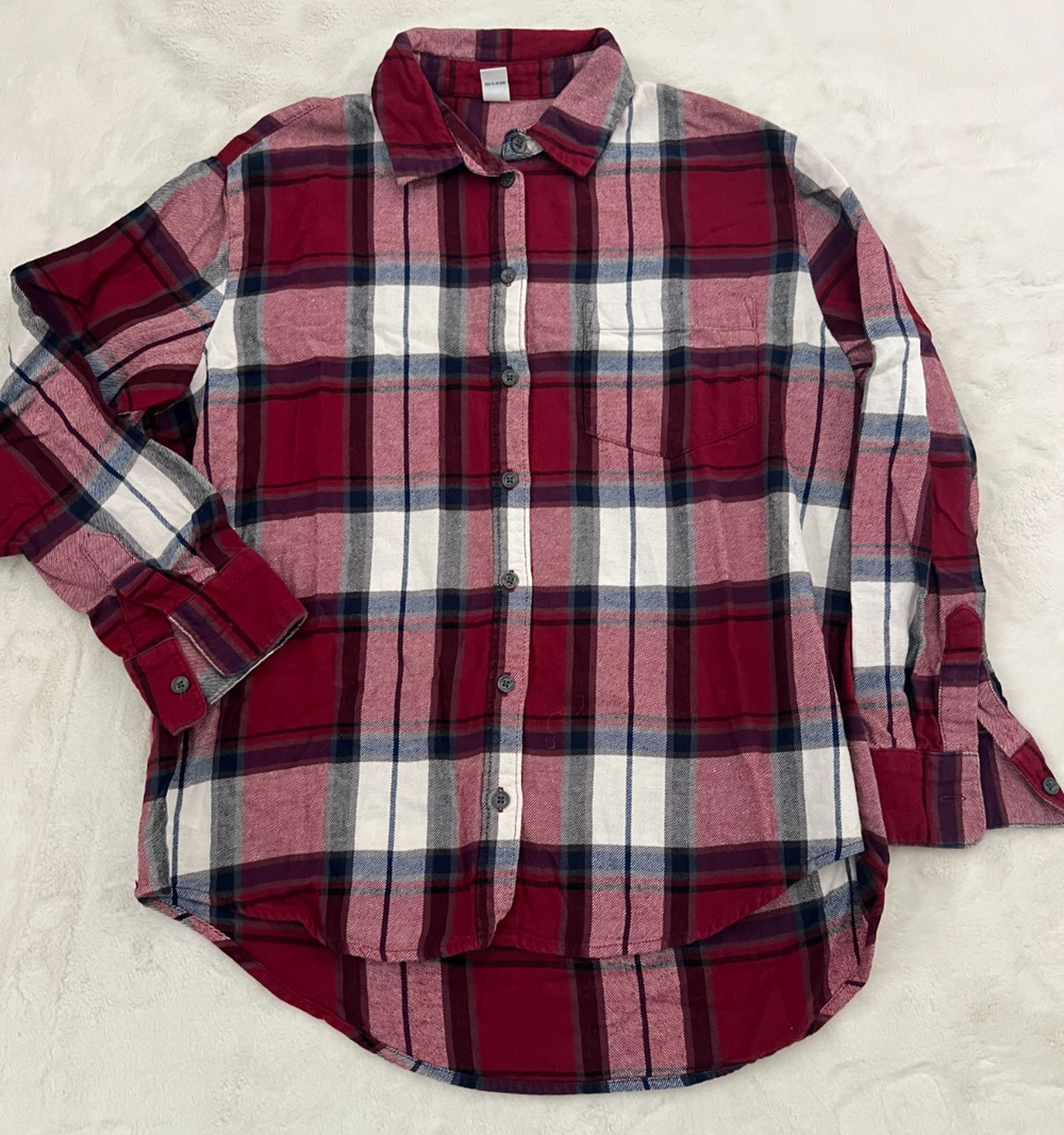 Old Navy Women's Medium Plaid Flannel Button Up Shirt Red Blue 100% Cotton